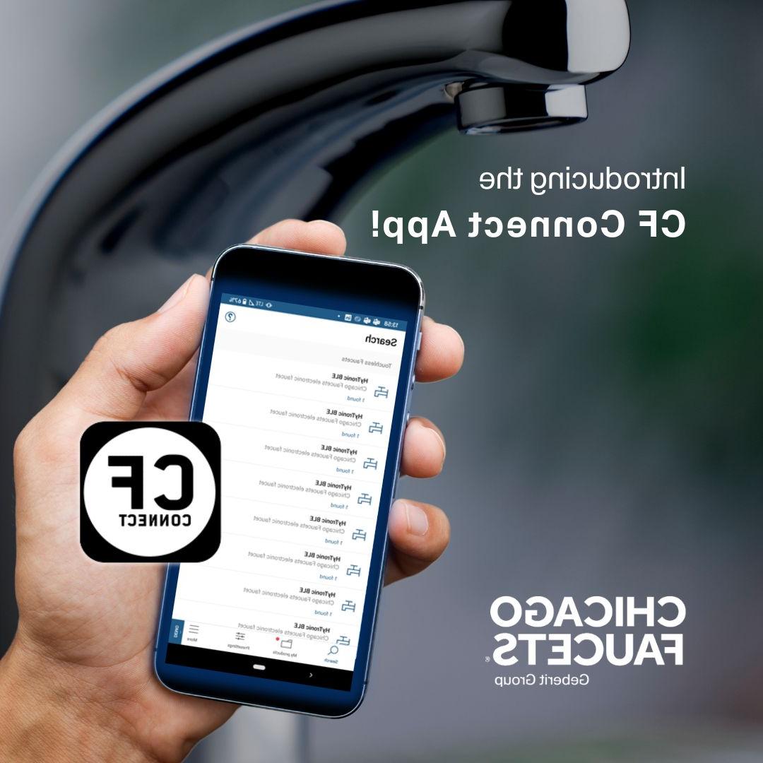 Hand holding a phone with CF Connect app in front of HyTronic faucet